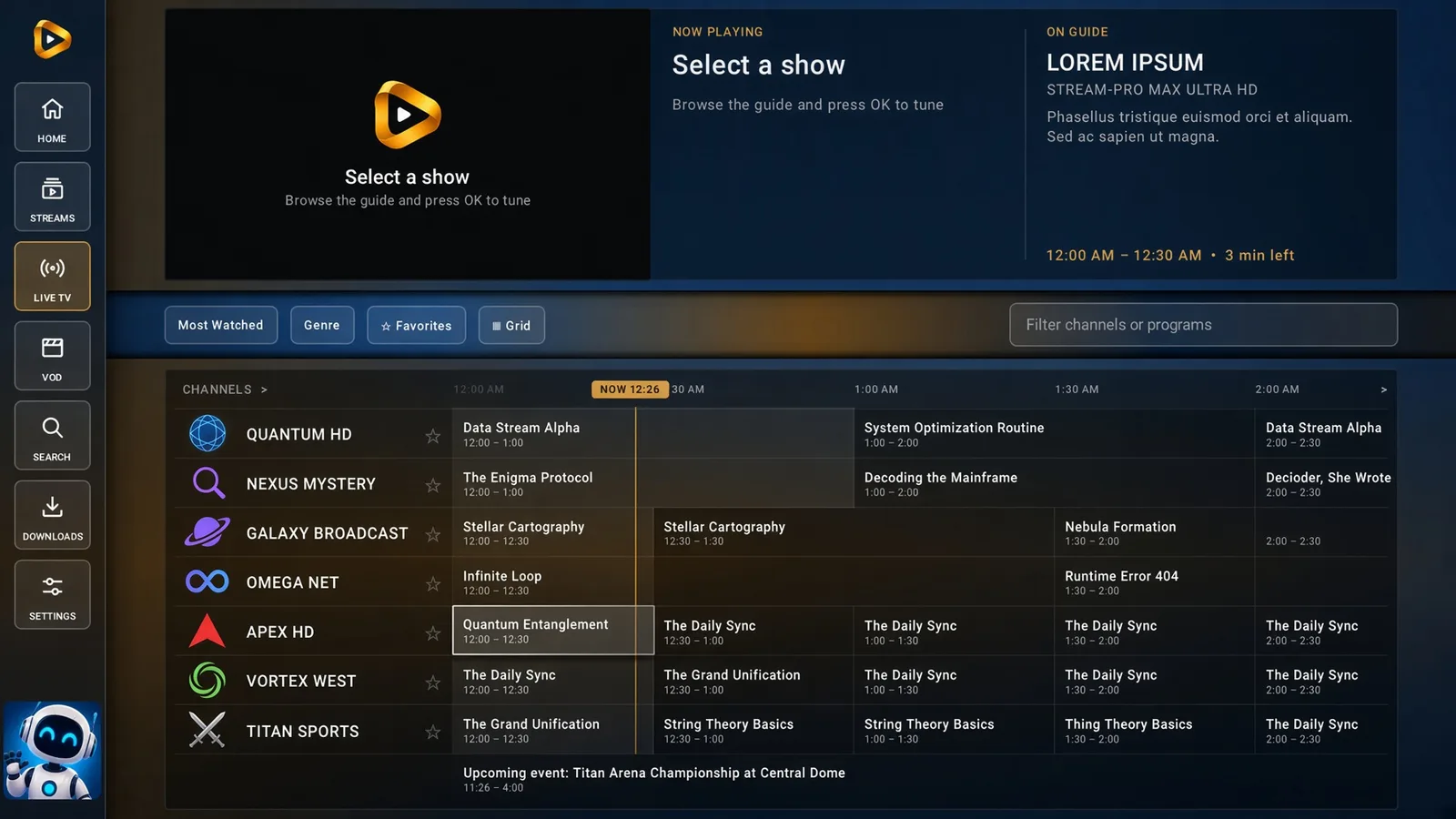 Live TV screen with channel listings and program schedules