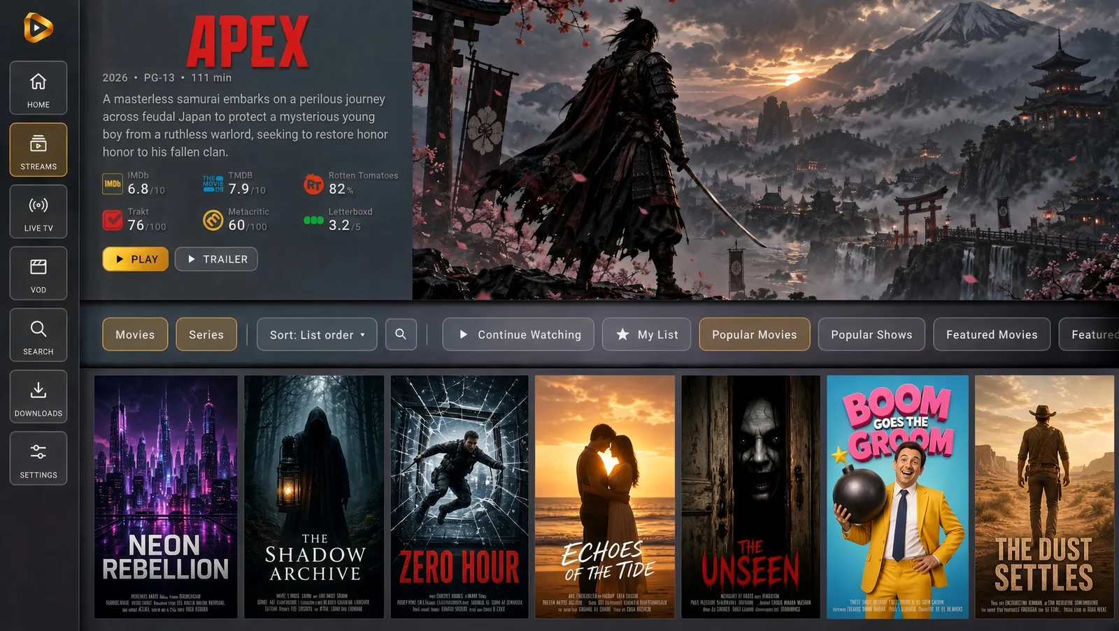 Streams screen with movie artwork, ratings, trailers, and catalogs